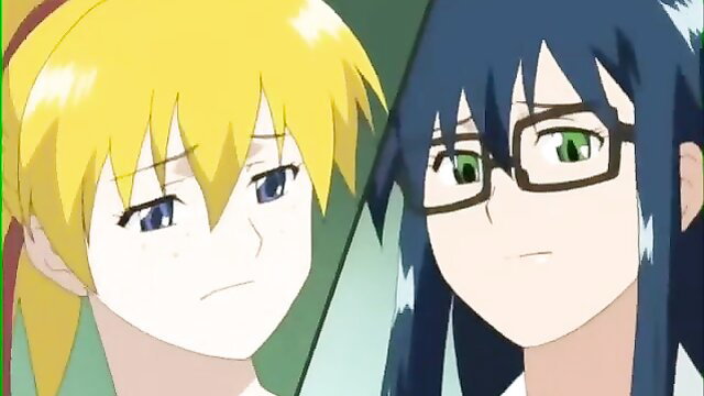 Blonde and glasses anime giantess hentai girls staring intensely