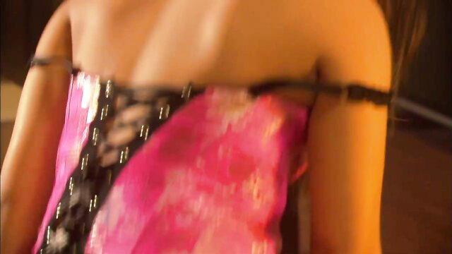 Luxurious chick in sexy pink lingerie top bares back before fireplace fuck