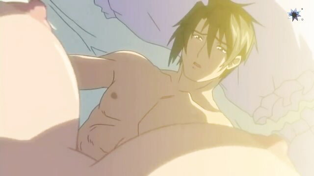 Anime hentai guy with huge tits smothering his face in bed