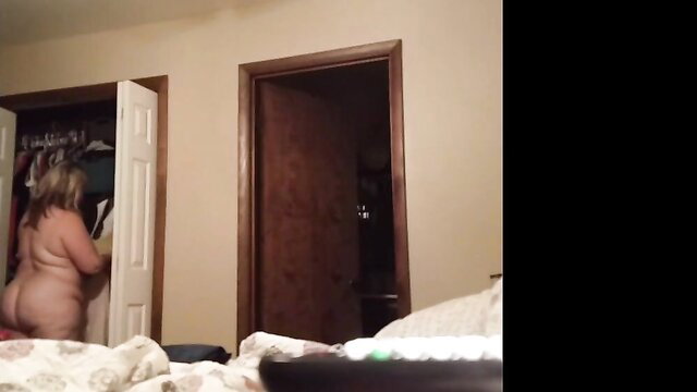 Fat blonde mature naked in bedroom, secret cam voyeur view