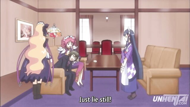 Busty blonde hentai maids with pink hair in seductive group scene