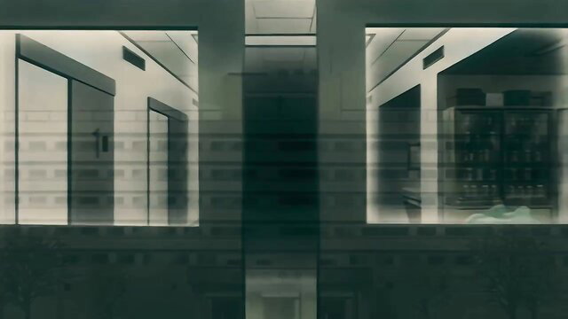 Hentai anime corridor with bookshelves and doors, eerie green blur