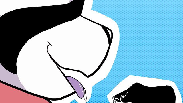 Cartoon woman with black hair licks huge black cock closeup