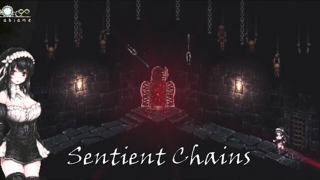 Anime maid in black lingerie chained in dark dungeon, hentai game art