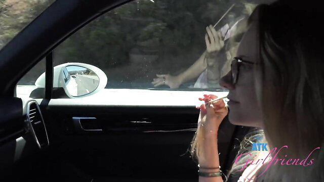Riley Star applying lipstick in car POV foot fetish tease