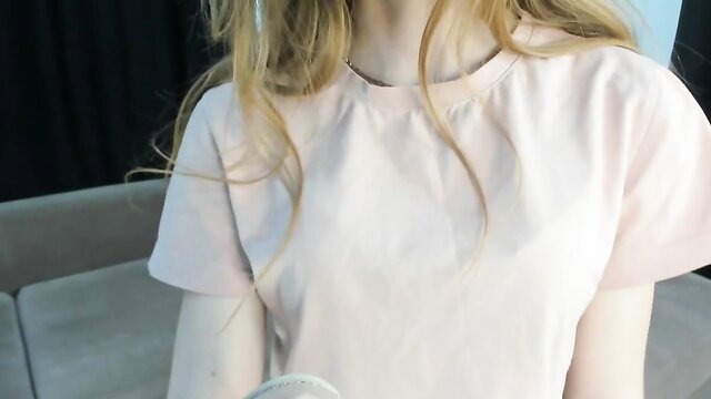 Anne_cute sexy teen in tight pink t-shirt, blonde hair tease