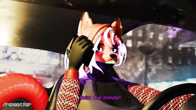 Pink-haired anthro fox girl in car calls Rain one minute, neon cyberpunk vibe