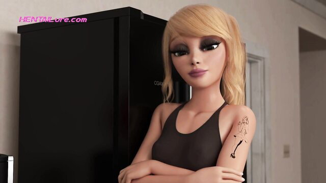 Blonde MILF with tattoos leans on fridge in tank top, 3D hentai futa threesome