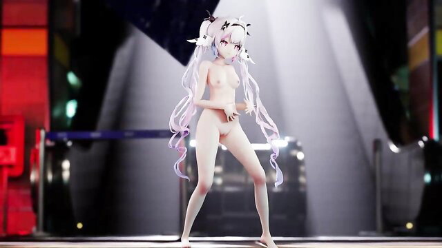 Nude Vtuber Neeko posing seductively with long white twin tails