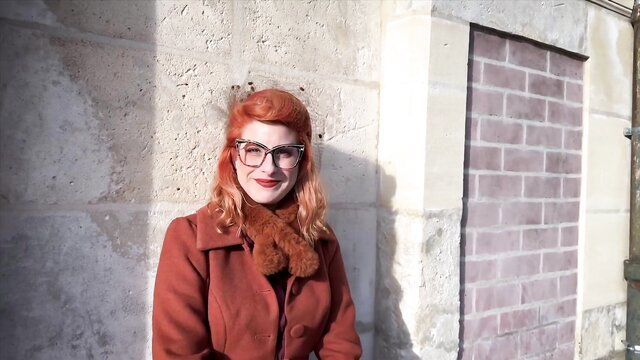 Little Foxy, 31yo redhead from Annecy in fur scarf and coat by wall