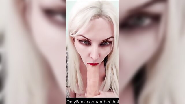 Busty glamour MILF with huge tits sucks dildo closeup