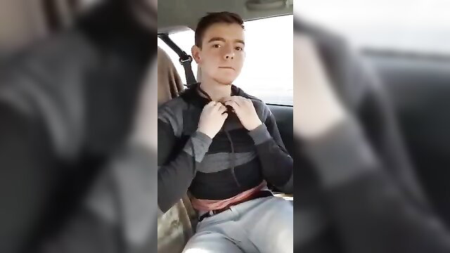 Twink adjusting hoodie nude in car, slim white boy exposed bulge