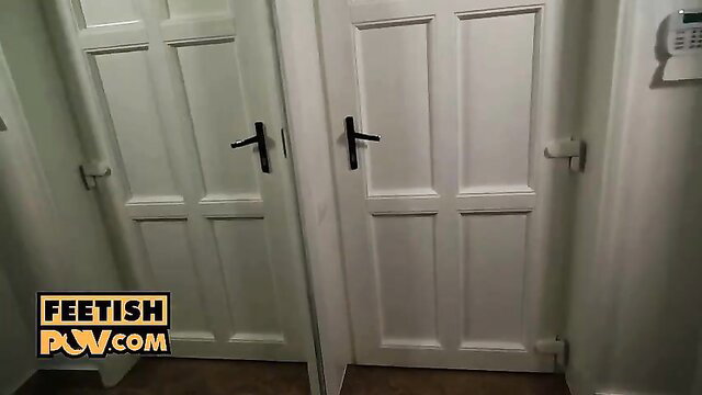 POV feet fetish tease with sexy white doors and alarm panel