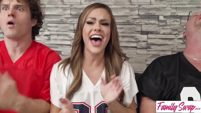 Hot swap mom in Patriots jersey cheers with guys, flashing tits bet