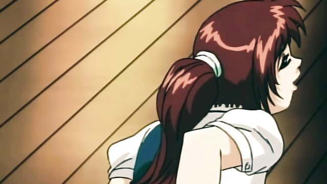 Redhead anime hentai girl in school uniform with ponytail, surprised expression