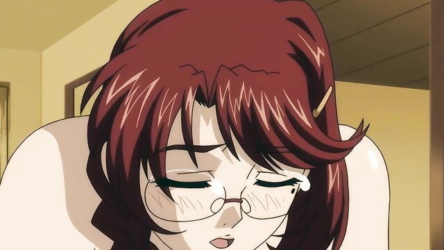 Redhead anime girl in glasses gives ahegao blowjob in hentai