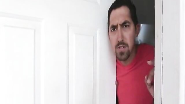 Man peeking from door in Fugitive Fucking with Natalia Mendez