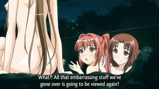 Two busty anime girls shocked as nude hentai babe shows ass in bath