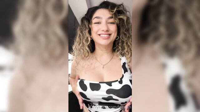 Leedah ASMR hot slut huge tits in cowprint top smiling