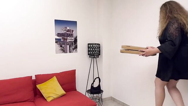 Curvy white BBW MILF in black lace dress holding chopsticks