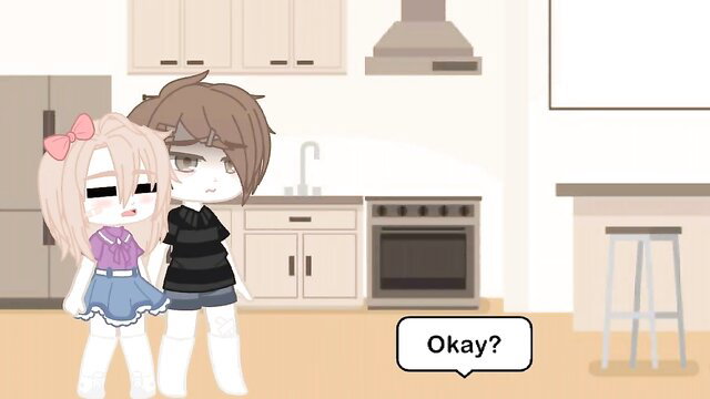 Cute Gacha girl in skirt stands nervously as boy asks 'Okay?' in kitchen