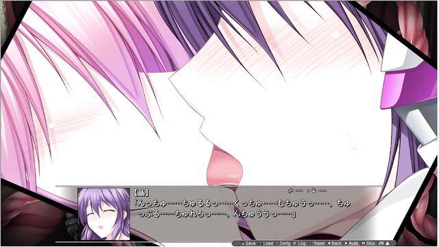 Purple-haired anime girl in lingerie kissing passionately, erotic eroge scene