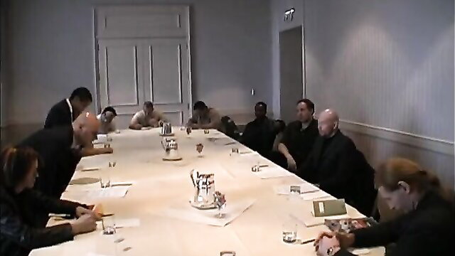 Mixed-race group orgy at table in Other People Mirrors gangbang