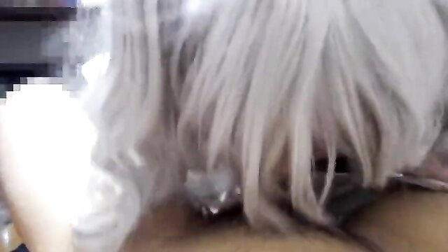 Chinese crossdresser in white wig gives blowjob in cosplay