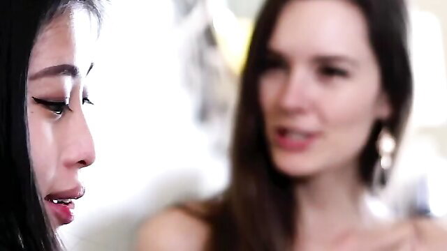 Two sexy lesbians gaze intimately, ready to lick pussies till orgasm