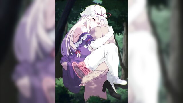 Anime girl with long white hair in purple dress hugged by man in forest, erotic hug