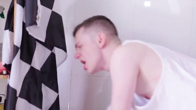 Skinny white twink screaming in ecstasy in shower car wash scene