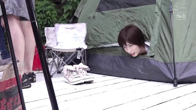 Saki Okuda peeking from tent in Netorare big tits JAV camping tease