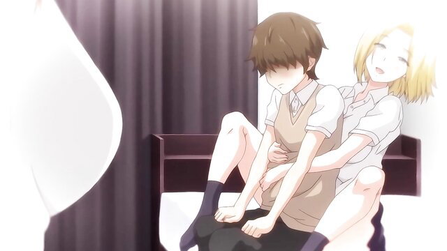 Blonde gal hugs brown-haired schoolboy intimately in bed, teasing hentai scene