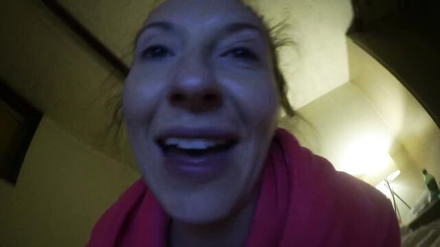 Sophia Smith smiling close-up POV kiss in pink robe, hot GF tease