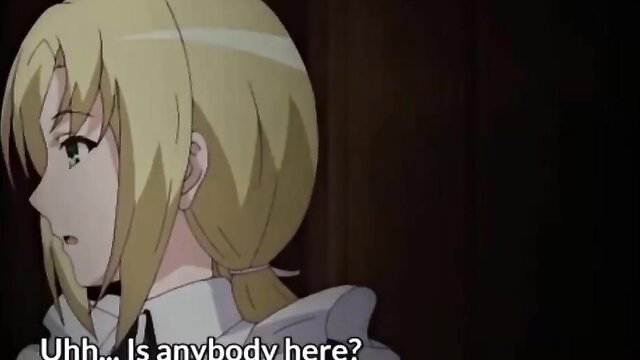 Blonde hentai girl Reina with huge tits looks surprised in dark room