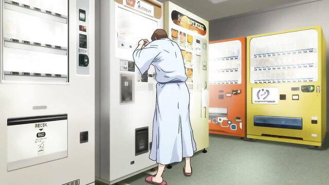 Anime girl in tight white robe bending over at vending machine, upskirt view