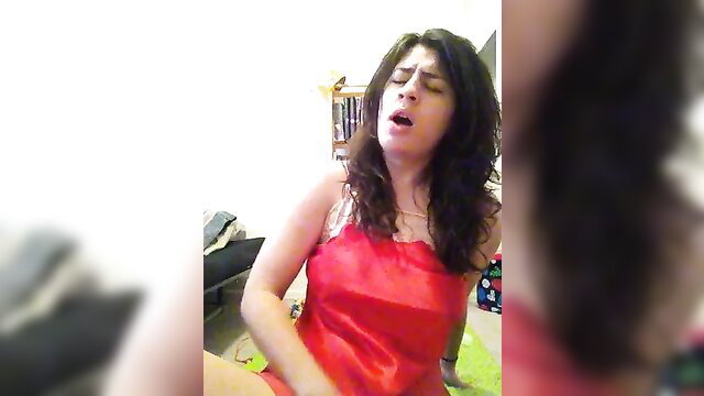 Amateur brunette in red dress solo masturbates to orgasm