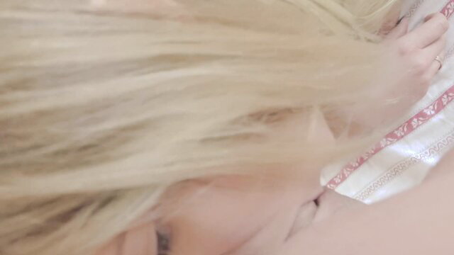 Blonde woman deepthroating cock POV in homemade ass to mouth sextape