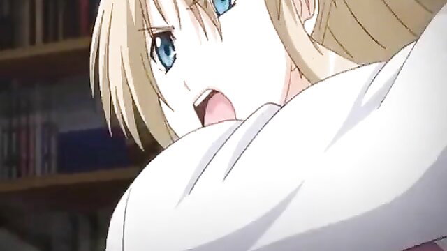 Cute anime teen blonde with blue eyes in rough hentai gangbang