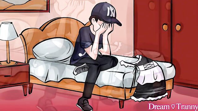 Lanah Frias as sad twink in cap eyeing maid outfit on bed