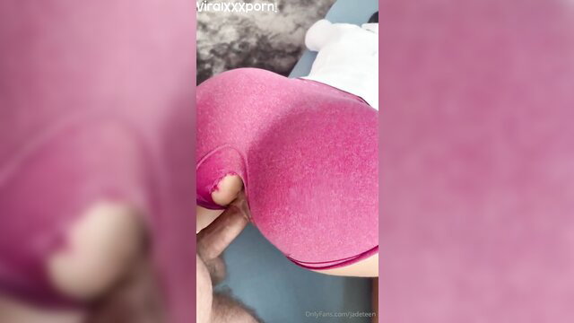 Jadeteen in tight pink shorts, hand fingering her exposed ass in yoga pose