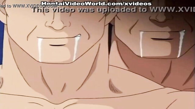 Anime hunks with cum on lips in hentai punishment scene