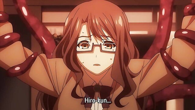 Redhead glasses anime schoolgirl restrained by red tentacles in hentai