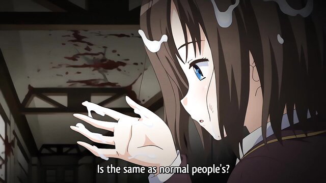 Anime teen girl with cat ears in bloody room, hands covered in white cum hentai