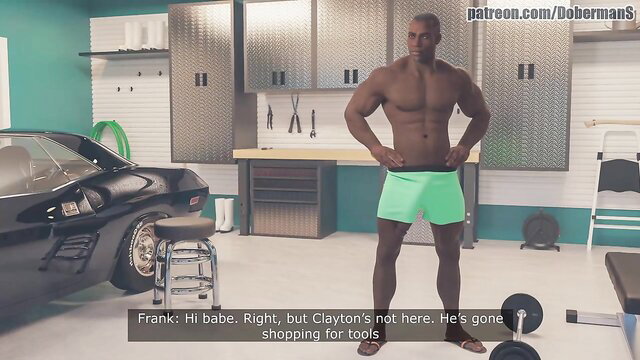 Muscular black man Clayton in green speedo in garage, girlfriend greets