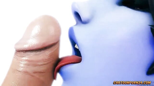 Blue-skinned Widowmaker licks cock closeup in Overwatch PMV hentai