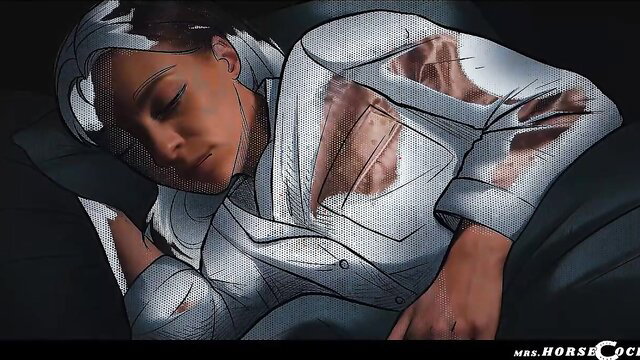 Futanari woman in torn white shirt sleeping exhausted, anime style