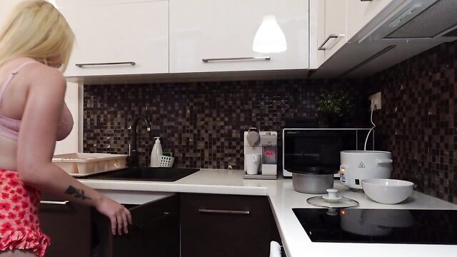 Hot blond tiny girlfriend in miniskirt flashes tight pussy and ass