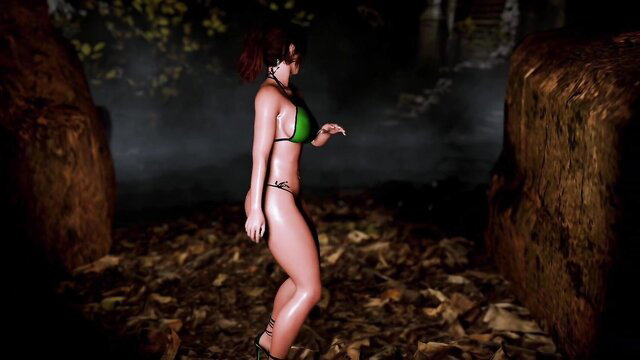 Oiled MILF Lara Croft sexy solo dance in green bikini