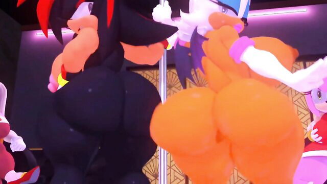 Shadow, Rouge, Amy Rose, Blaze furry babes pole dancing thick asses